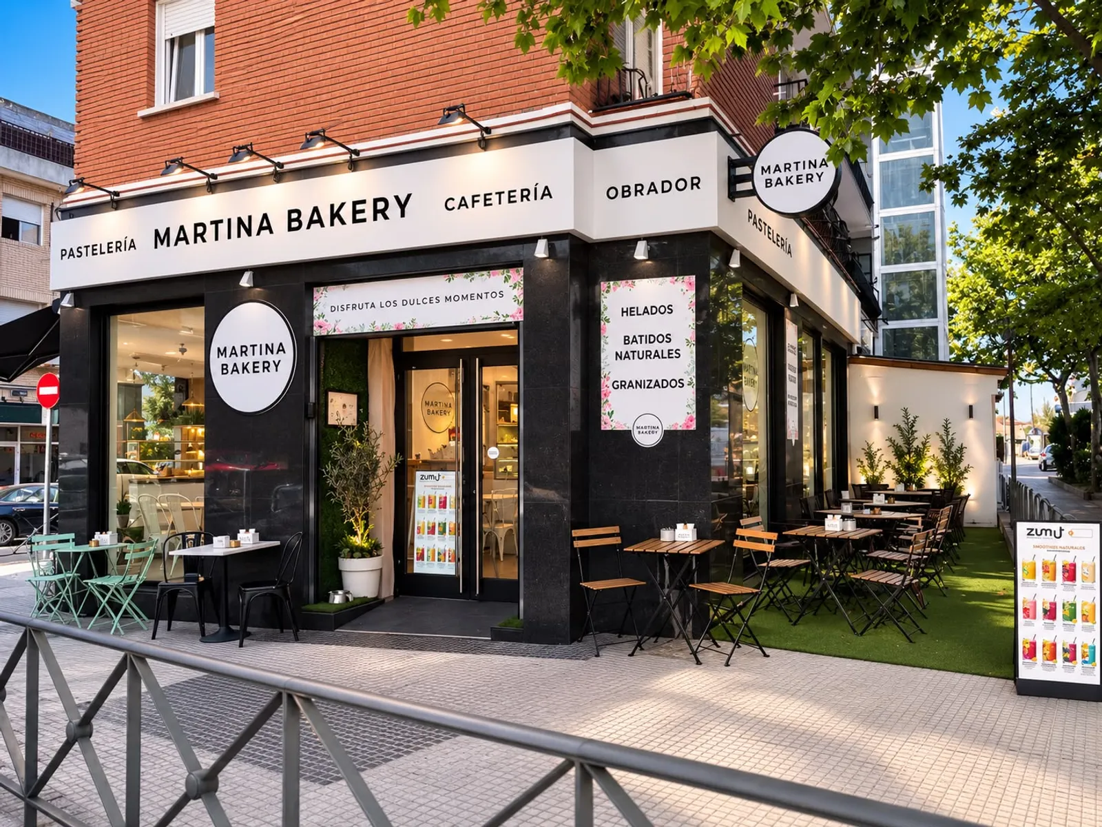 Fachada de Martina Bakery en Majadahonda, con su terraza